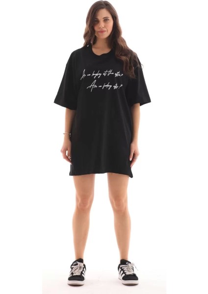 Unisex Bisiklet Yaka Baskılı Oversize T-Shirt - Siyah modelleri