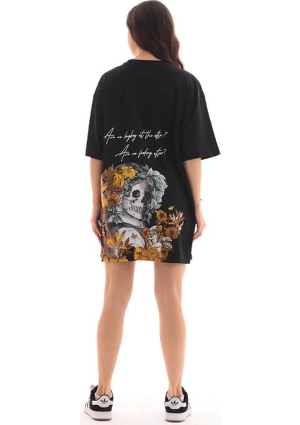 Unisex Bisiklet Yaka Baskılı Oversize T-Shirt - Siyah fırsatları