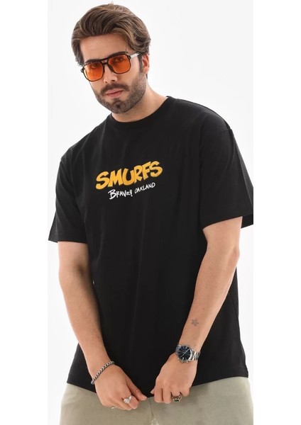 Unisex Bisiklet Yaka Baskılı Oversize T-Shirt - Siyah