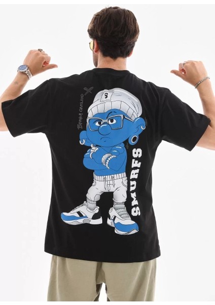 Unisex Bisiklet Yaka Baskılı Oversize T-Shirt - Siyah
