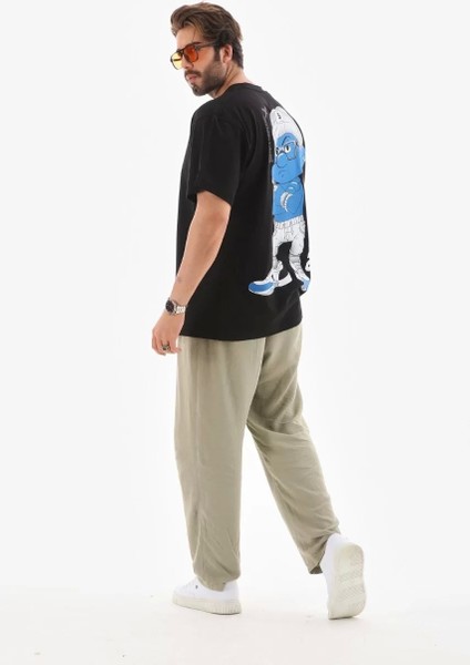 Unisex Bisiklet Yaka Baskılı Oversize T-Shirt - Siyah