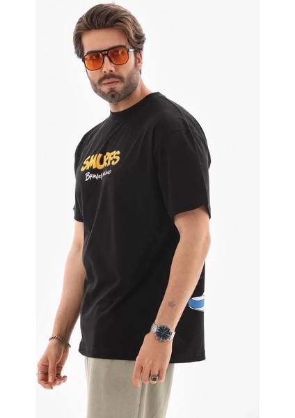 Unisex Bisiklet Yaka Baskılı Oversize T-Shirt - Siyah