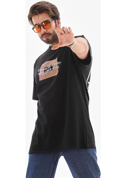 Unisex Bisiklet Yaka Baskılı Oversize T-Shirt - Siyah