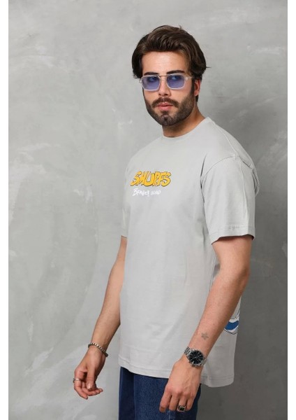 Unisex Basic Bisiklet Yaka Oversize T-Shirt - Gri