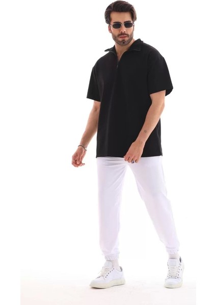 Unisex Yarım Fermuarlı Düz Oversize T-Shirt - Siyah