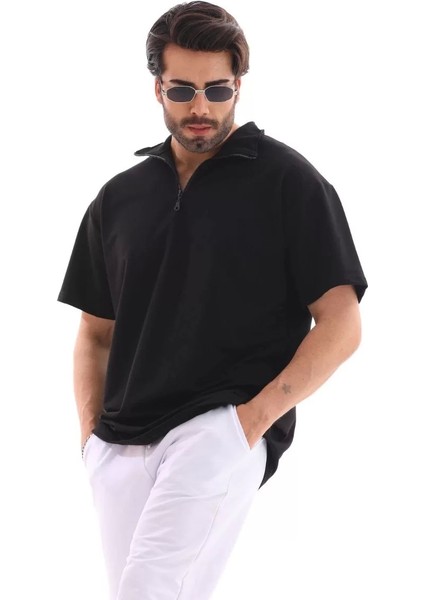 Unisex Yarım Fermuarlı Düz Oversize T-Shirt - Siyah