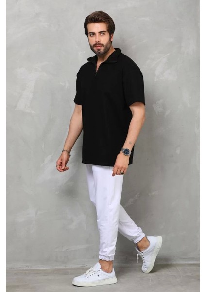 Unisex Yarım Fermuarlı Düz Oversize T-Shirt - Siyah