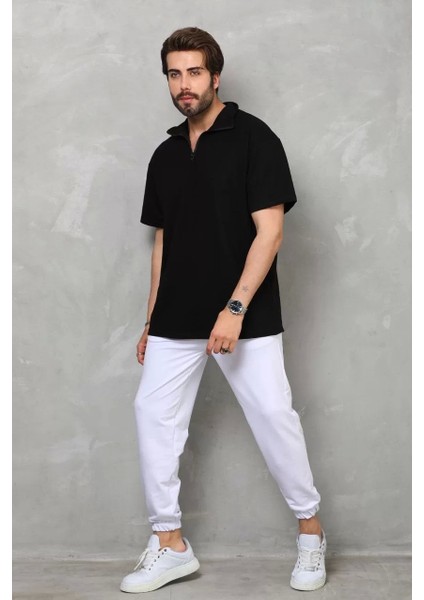 Unisex Yarım Fermuarlı Düz Oversize T-Shirt - Siyah