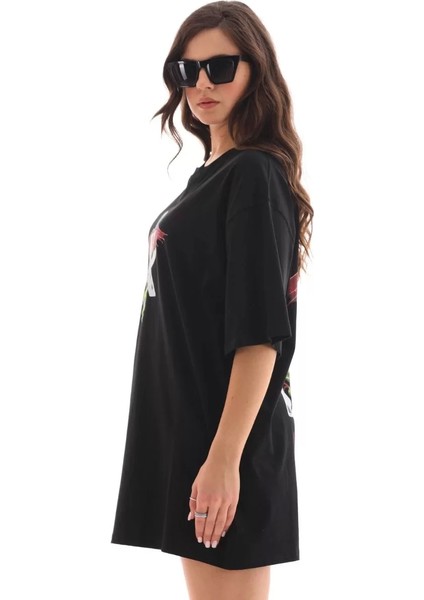 Unisex Bisiklet Yaka Baskılı Oversize T-Shirt - Siyah