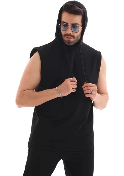 Unisex Kapşonlu Kolsuz Eşofman Takımı- Siyah fırsatları