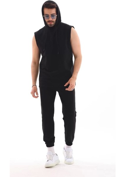 Unisex Kapşonlu Kolsuz Eşofman Takımı- Siyah indirimleri