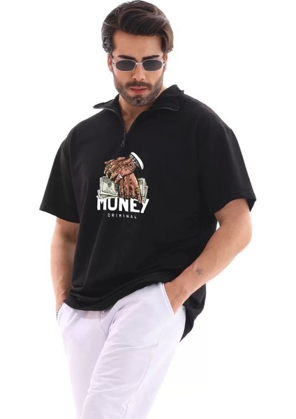 Unisex Yarım Fermuarlı Oversize Baskılı T-Shirt - Siyah