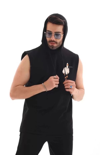 Unisex Kapşonlu Kolsuz Oversize Baskılı Tişört - Siyah