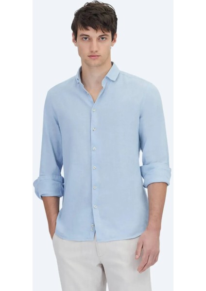 Mavi Düz Dokuma Casual Pamuk Karışımlı Gömlek