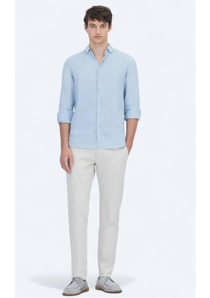 Mavi Düz Dokuma Casual Pamuk Karışımlı Gömlek fiyatları