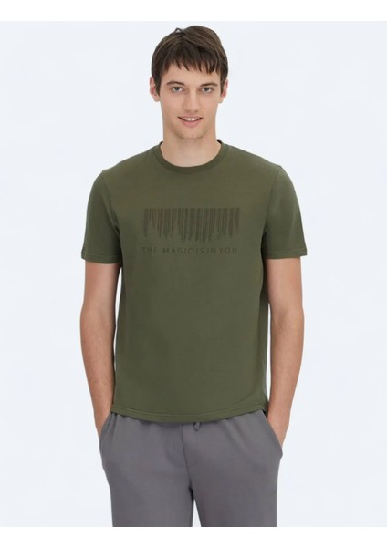 Haki Baskılı Bisiklet Yaka %100 Pamuk T-Shirt