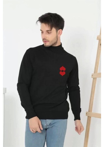 Unisex Yarım Boğazlı Baskılı Dokuma Triko - Siyah