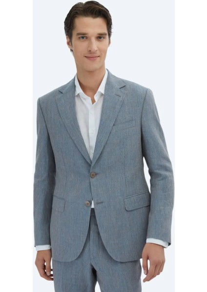 Koyu Mavi Çizgili Modern Fit %100 Keten Takım Elbise