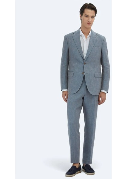 Koyu Mavi Çizgili Modern Fit %100 Keten Takım Elbise fiyatları