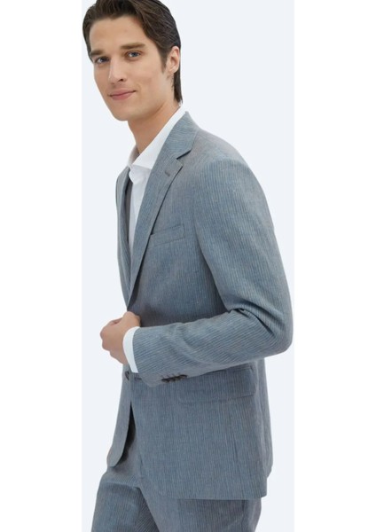 Koyu Mavi Çizgili Modern Fit %100 Keten Takım Elbise modelleri