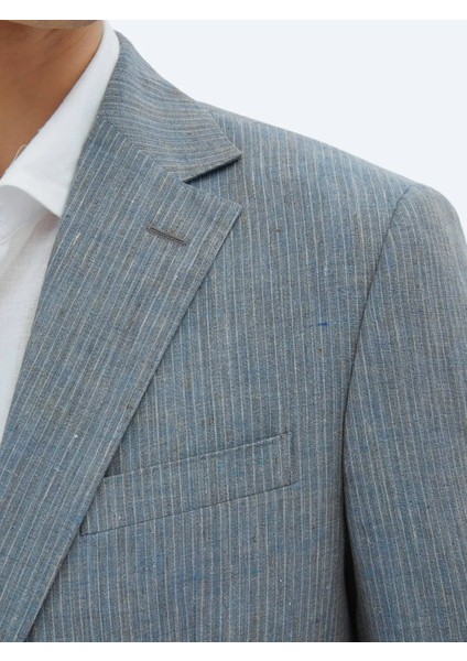 Koyu Mavi Çizgili Modern Fit %100 Keten Takım Elbise indirimleri