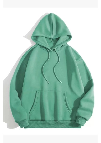 3 Iplik Pamuklu Unisex Kapşonlu Sweetshirt - Mint Yeşili