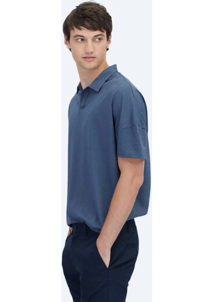 Lacivert Polo Yaka Pamuk Karışımlı T-Shirt