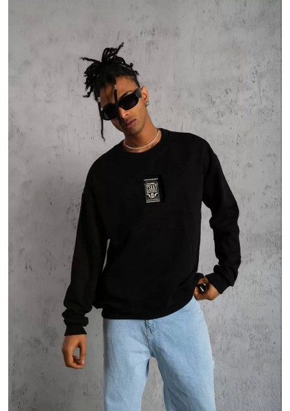 Unisex Bisiklet Yaka Baskılı Oversize Sweatshirt - Siyah
