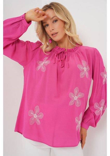 Uzun Kol Nakışlı Örme Bluz 951 - Pembe