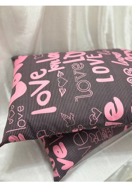 2 Adet Love Desen Fermuarlı Yastık Kılıfı | 50X70 cm | %90 Pamuk