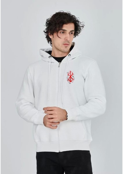 Unisex Baskılı Tam Fermuarlı Kapşonlu Sweatshirt - Beyaz
