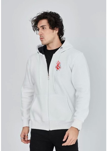 Unisex Baskılı Tam Fermuarlı Kapşonlu Sweatshirt - Beyaz