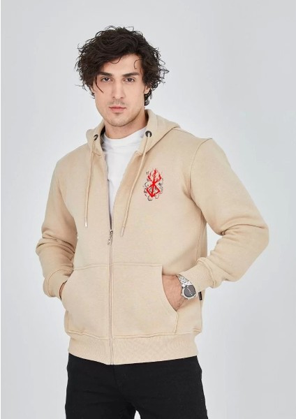 Unisex Baskılı Tam Fermuarlı Kapşonlu Sweatshirt - Bej