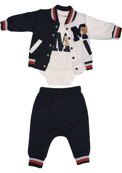 Ayıcık Desenli Kolej Montlu 3'lü Bebek Takım - Mevsimlik Hırka, Body ve Pantolon 6-9 Ay