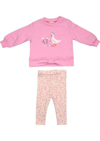 Kaz ve Çiçek Baskılı Mevsimlik Kız Bebek Takımı - Belden Fiyonklu Sweatshirt ve Çiçekli Tayt 12-18 Ay
