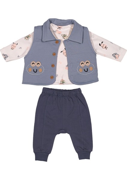 Erkek Bebek Kurbağa Aplikeli Yelekli Mevsimlik 3'lü Takım -Yelek,uzun Kollu Tişört ve Pantolon 18 Ay