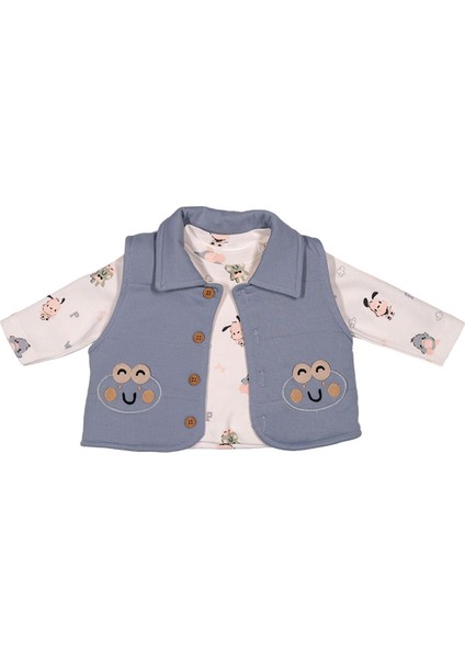 Erkek Bebek Kurbağa Aplikeli Yelekli Mevsimlik 3'lü Takım -Yelek,uzun Kollu Tişört ve Pantolon 18 Ay fiyatları