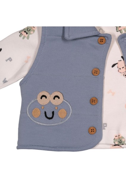 Erkek Bebek Kurbağa Aplikeli Yelekli Mevsimlik 3'lü Takım -Yelek,uzun Kollu Tişört ve Pantolon 18 Ay indirimleri