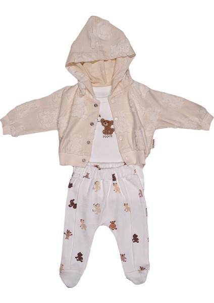Yenidoğan Pamuklu Ayıcık Temalı Patikli 3'lü Bebek Takımı – Kapüşonlu Hırka, Zıbın ve Patikli Alt 0-3 Ay