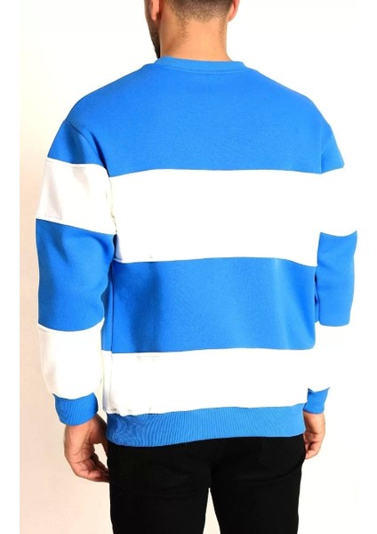 Parçalı Bisiklet Yaka Baskılı Sweatshirt - Mavi