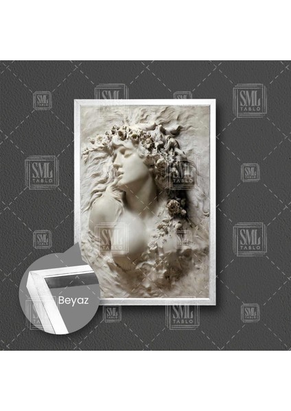 Gözü Kapalı Çiçek Taçlı Nü Mermer Kadın Heykel Woman Çerçeveli Dikey Kanvas Tablo