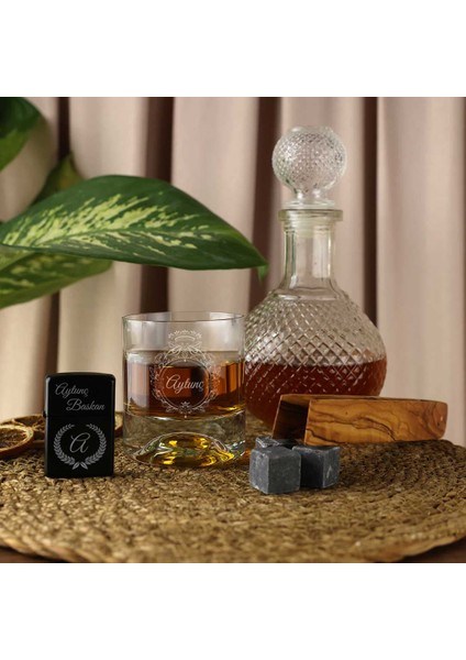 Ahşap Kutulu Vintage Tasarımlı Kişiye Özel Çakmak & Maşa & Taşlı Viski Kadehi Seti