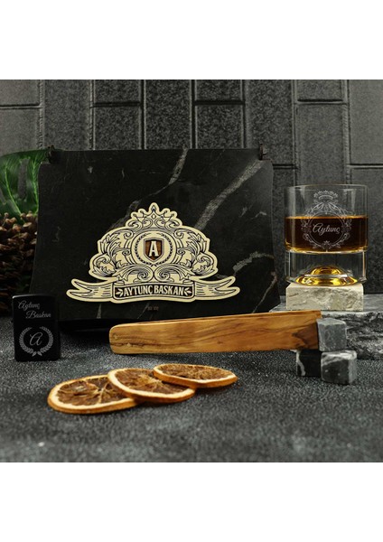 Ahşap Kutulu Vintage Tasarımlı Kişiye Özel Çakmak & Maşa & Taşlı Viski Kadehi Seti