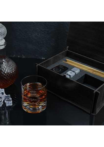 Ahşap Kutulu Vintage Tasarımlı Kişiye Özel Çakmak & Maşa & Taşlı Viski Kadehi Seti