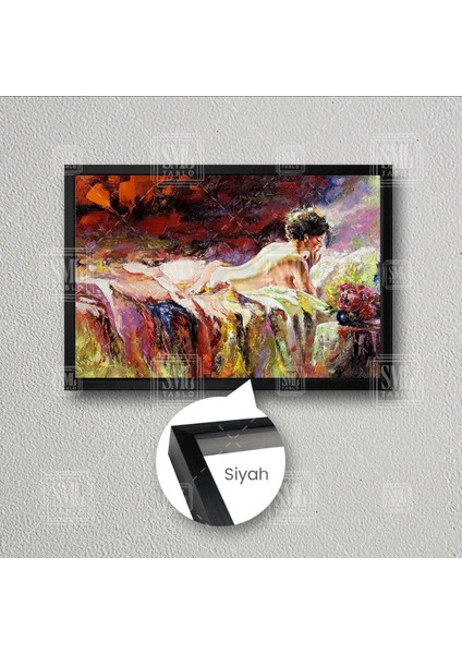 Yatakta Yatan Nü Kadın Çerçeveli Yatay Kanvas Tablo