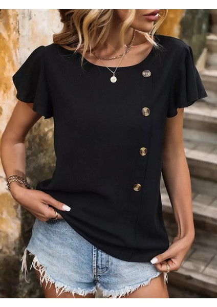 Kadın Kısa Kollu Bisiklet Yaka Yandan Düğmeli Viskon Bluz fiyatları