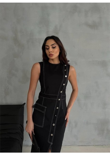 Gabardin Kalem Elbise Düğme ve Yırtmaç Detaylı - Bej