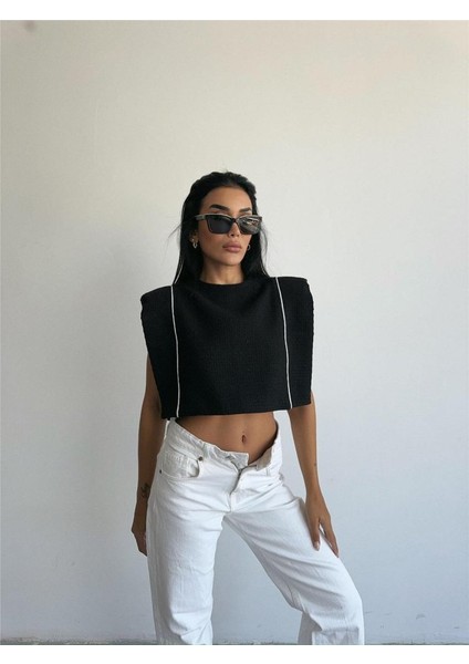 Chanel Vatkalı Crop Bluz - Siyah