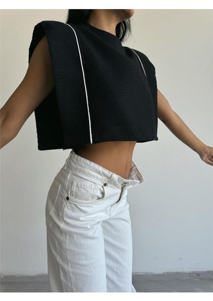 Chanel Vatkalı Crop Bluz - Siyah
