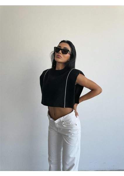 Chanel Vatkalı Crop Bluz - Siyah